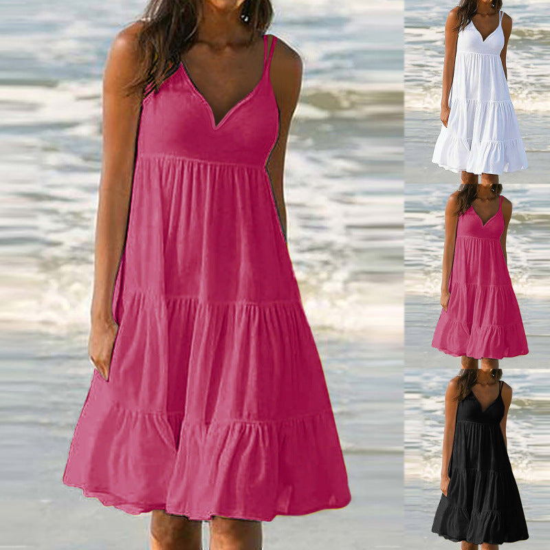 Vestido holgado informal de verano para mujer, con escote en V y tirantes finos, color liso