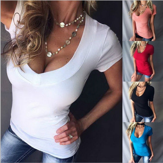 Camiseta informal de manga corta con cuello en V y color liso para mujer