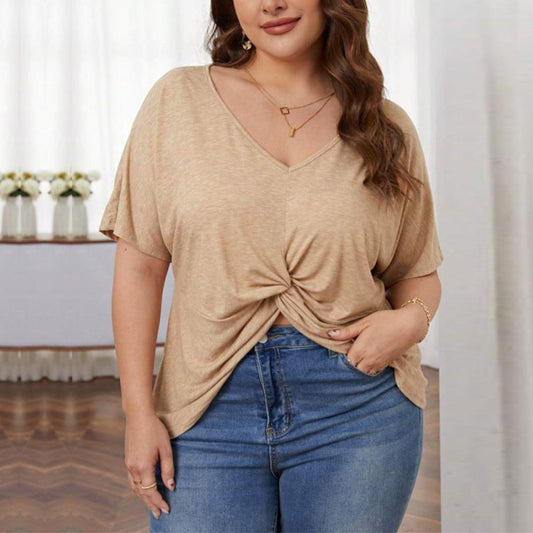 Camiseta holgada informal de talla grande para mujer, color liso, cuello en V, manga corta, dobladillo torcido