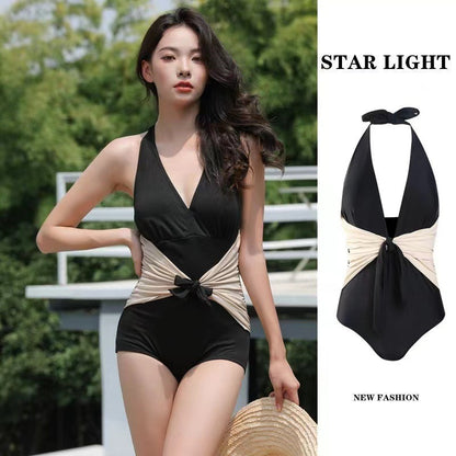 Traje de baño de una pieza con cuello halter y bloques de color para mujer