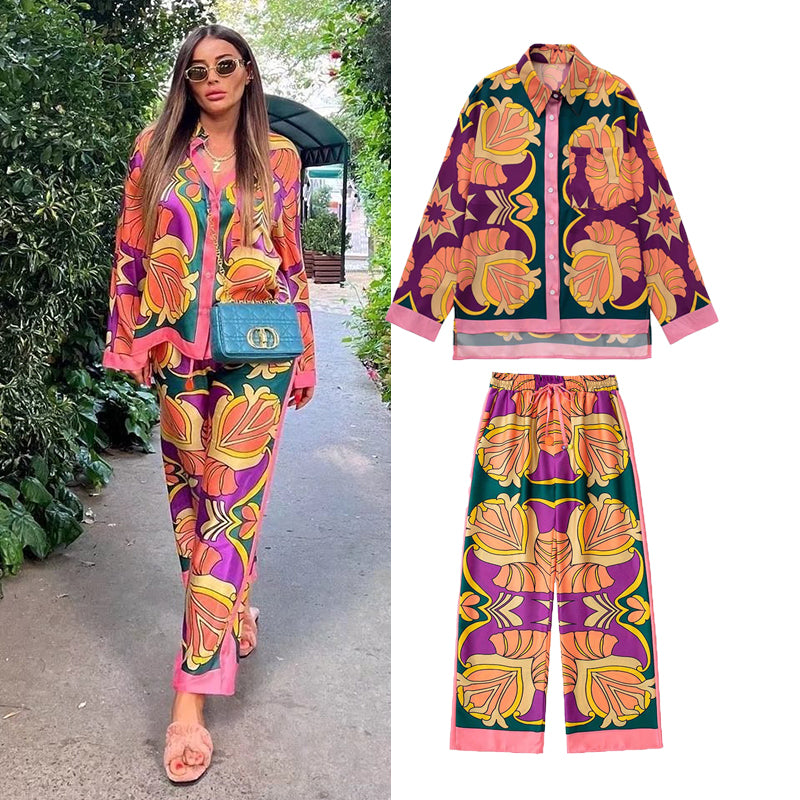 Conjunto de 2 piezas formado por blusa y pantalón, camisa y pantalón, con cintura elástica y estampado informal para mujer