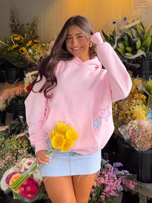 Sudadera con capucha de manga larga con bordado de estrellas para mujer