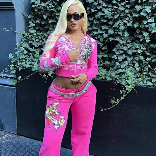 Conjunto de dos piezas de top y pantalón con cremallera y manga larga con estampado informal a la moda para mujer