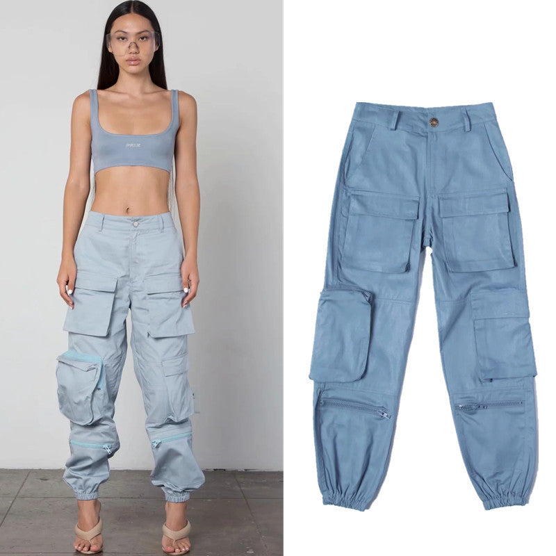 Fashion Women Multi-Pocket Loose Overalls High Waist Casual Solid Color Loose Jogger Pants