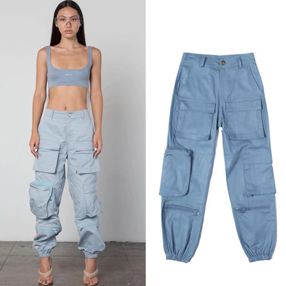 Fashion Women Multi-Pocket Loose Overalls High Waist Casual Solid Color Loose Jogger Pants