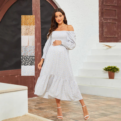 Pregnant Women Fashion Casual Chiffon Floral Printed Ruffled Long-Sleeve Dress