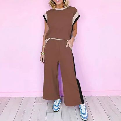 Conjunto de dos piezas de camiseta y pantalones holgados de manga corta con cuello redondo y bloques de color para mujer