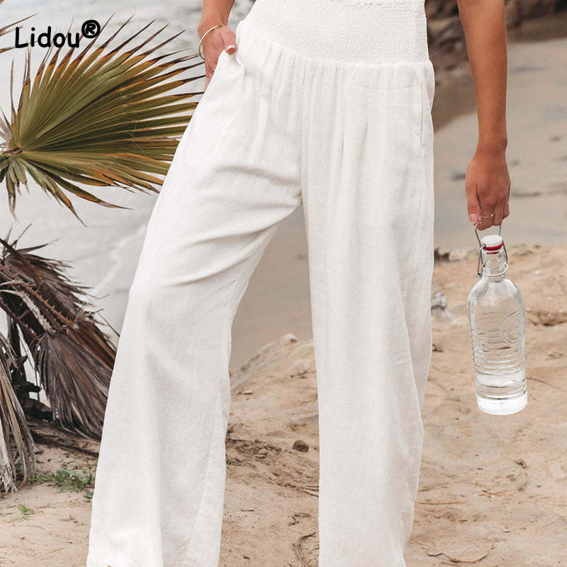 Women Cotton Linen Pockets Solid Loose Casual Wide Leg Long Trousers Pants