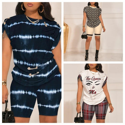 Women Summer Fashion Casual Round Neck Graphic Print Short Sleeve Top High Waist Shorts Set