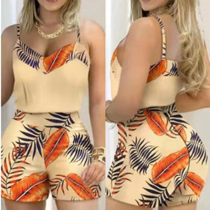 Conjunto de 2 piezas de camisola informal con cuello en V y pantalones cortos a la cintura con estampado de hojas para mujer