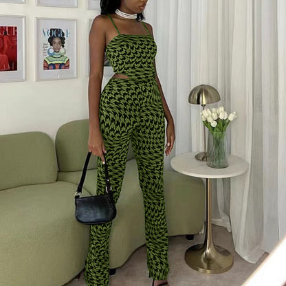 Conjunto de dos piezas de chaleco y pantalones anchos con estampado de color liso informal para mujer