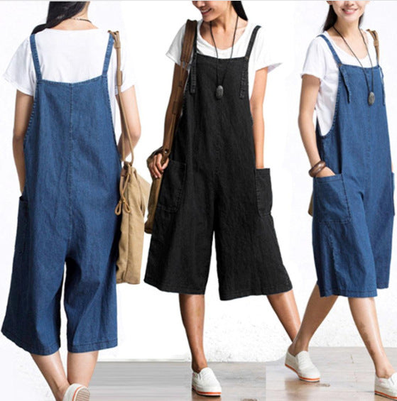 Women Fashion Casual Loose Denim Suspender Shorts