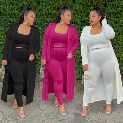 Conjunto de tres piezas formado por chaqueta, pantalón y chaleco, informal, de color liso y talla grande, para mujer