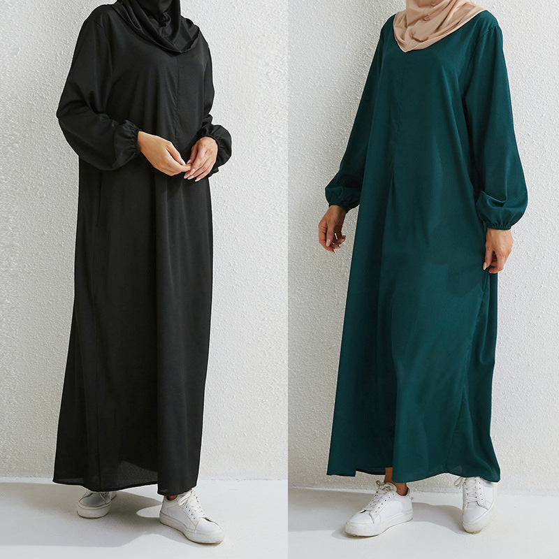 Vestido largo abaya informal holgado de manga larga de color liso para mujer