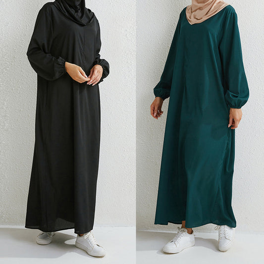 Women Solid Color Casual Loose Abaya Long Sleeve Maxi Dress