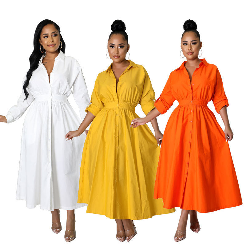 Elegant Women Casual Long-Sleeved Solid Color Maxi Shirt Dress