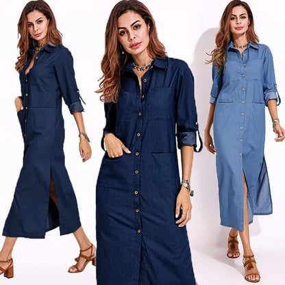 Women Fashion Casual Solid Color Long Sleeve Shirt Collar Cardigan Denim Dress