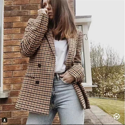 Blazer retro informal de manga larga a cuadros con botonadura sencilla para mujer