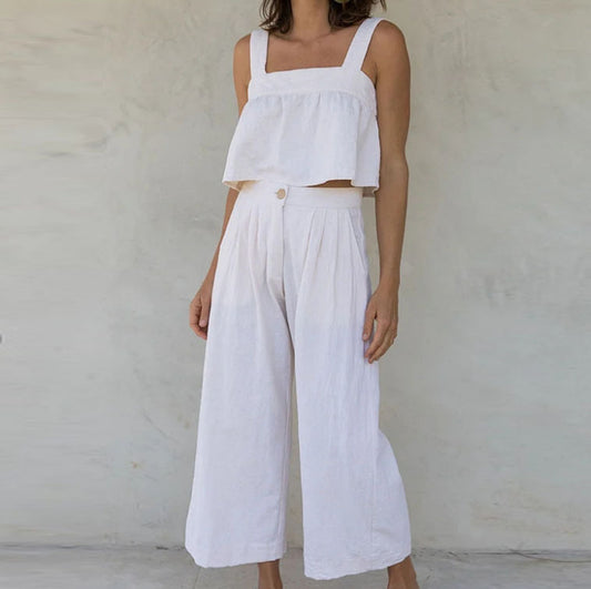Conjunto de dos piezas de top con tirantes y pantalones anchos con diseño de botones para mujer