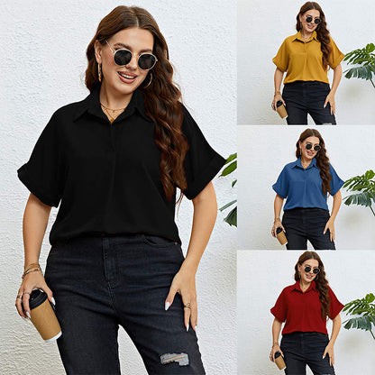 Casual Plus Size Women Solid Color Summer Polo Collar Chiffon Shirt Lapel Short Sleeve Blouse