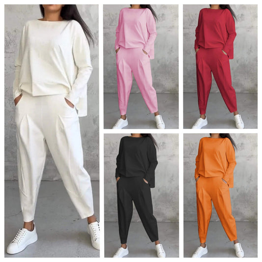 Conjunto de dos piezas de top y pantalón de manga larga con cuello redondo y color liso para mujer