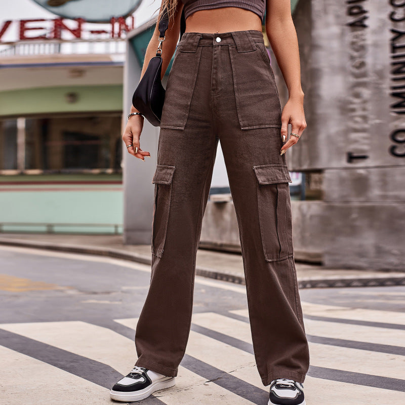 Fashion Women Street Style Multi Pocket Overalls Loose Casual Straight Jeans Cargo Pants