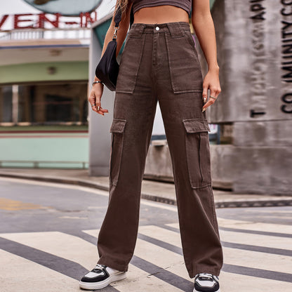 Fashion Women Street Style Multi Pocket Overalls Loose Casual Straight Jeans Cargo Pants
