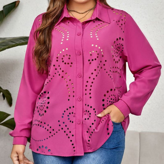 Women Plus Size Casual Office Elegant Hollow Shirt Loose Comfortable Lapel Solid Color Blouse