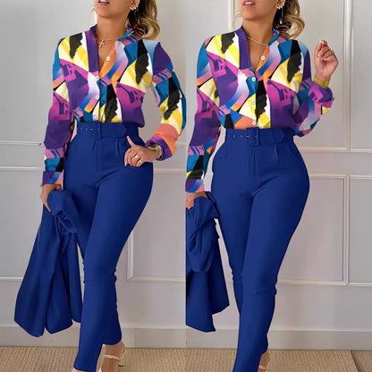 Blusa informal de manga larga con solapa y estampado floral para mujer, pantalones ajustados de dos piezas