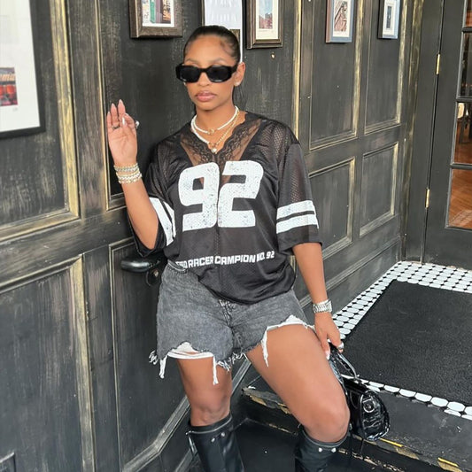 Women Fashion Casual Loose Lace Stitching Digital Print Short Sleeve V-Neck Jersey T-Shirt