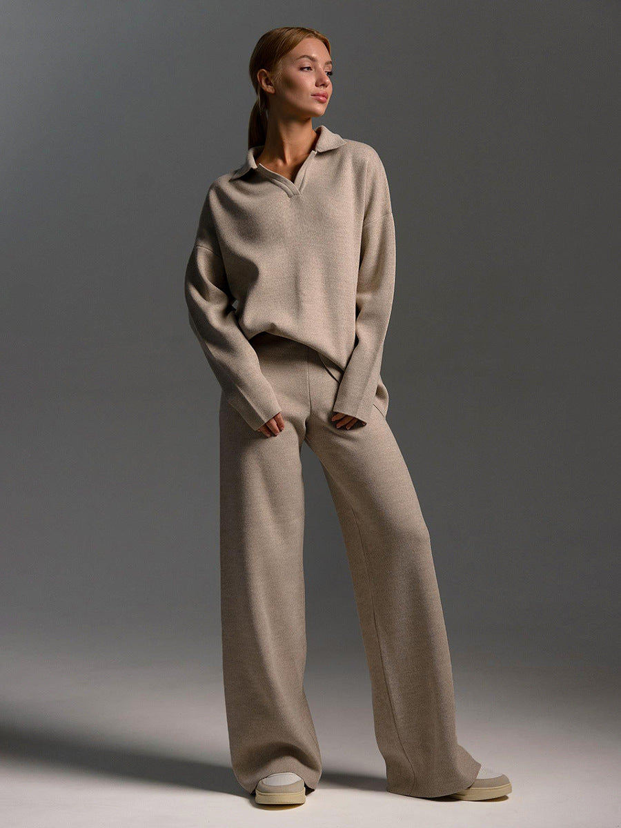 Conjunto de dos piezas de camiseta y pantalones de manga larga de punto con cuello polo informal para mujer