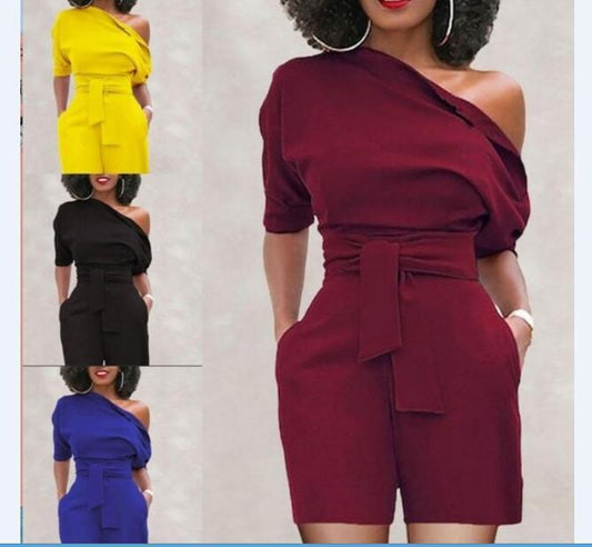 Women Casual Elegant Off-Shoulder Button Down Solid Color Short Sleeve Rompers