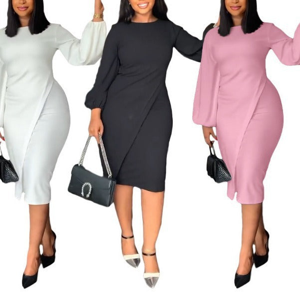 Women Fashion Solid Color Casual Lantern Long Sleeve Dress