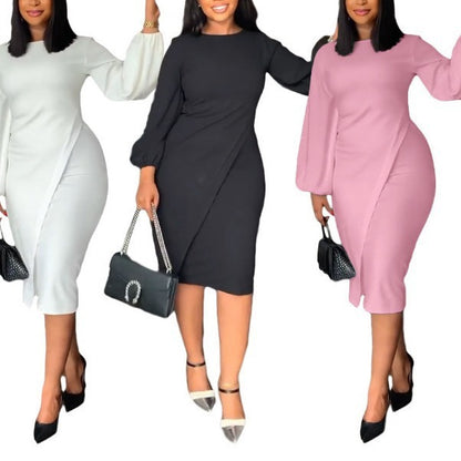 Women Fashion Solid Color Casual Lantern Long Sleeve Dress