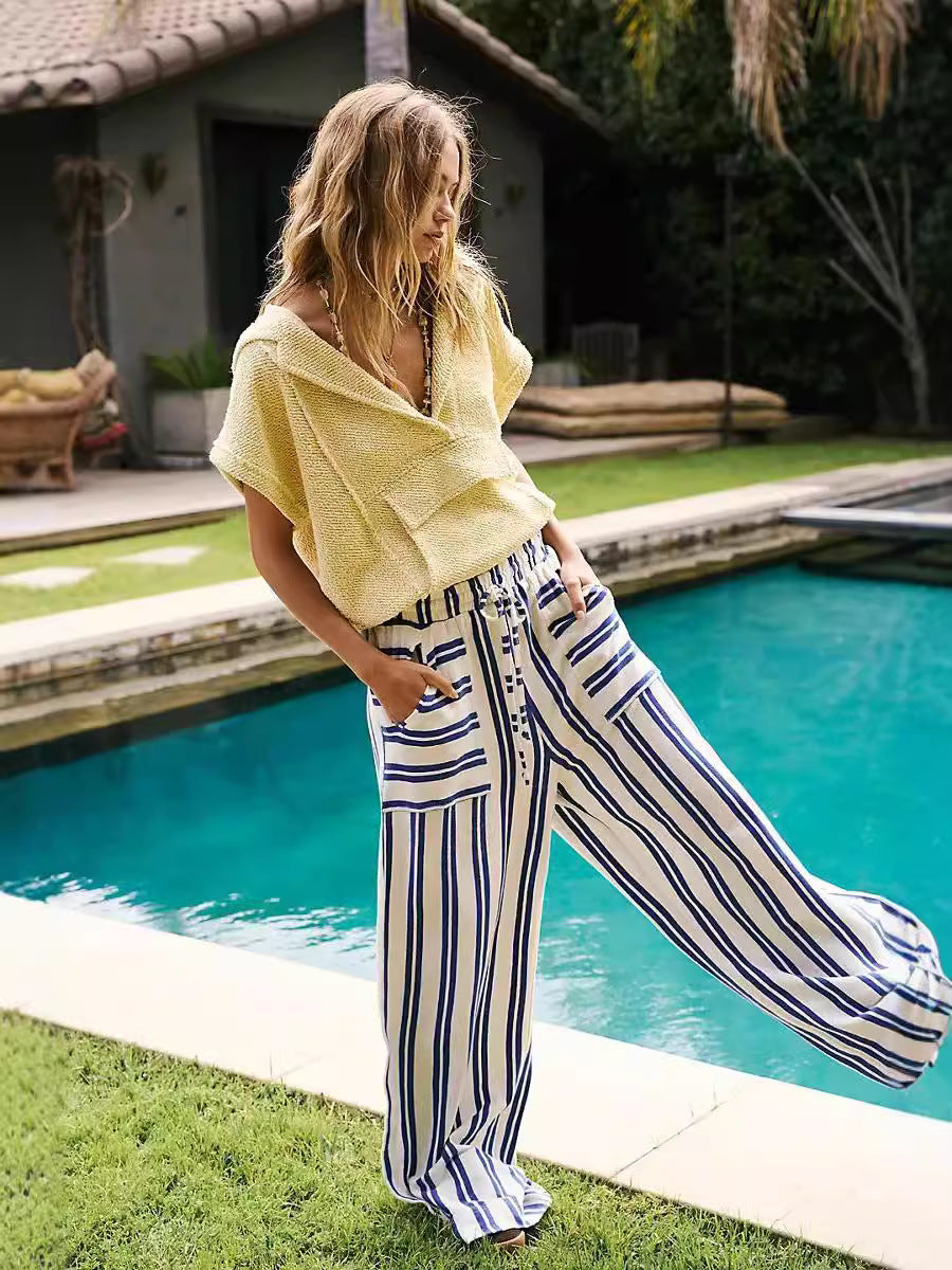 Women Fashion Casual Stripe Pocket Drawstring Wide Leg Pants