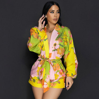 Women Fashion Casual Linen Floral Printed Lapel Pocket Long-Sleeve Lace-Up Rompers