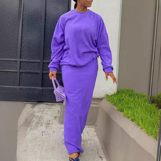 Conjunto de dos piezas formado por sudadera y falda, manga larga, cuello redondo, color liso, informal, para mujer, otoño e invierno