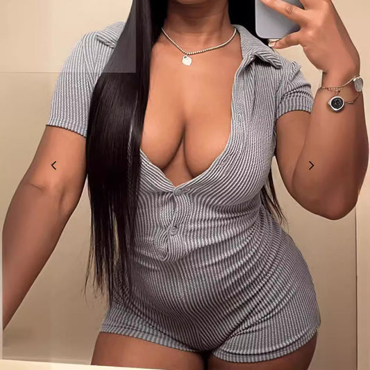 Women Fashion Casual Lapel Rib Tight Rompers