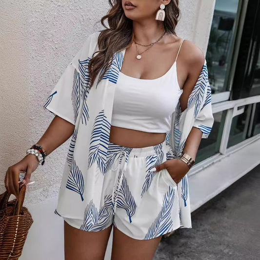 Conjunto de dos piezas formado por cárdigan de manga corta y pantalón corto, estampado de hojas, informal, para mujer