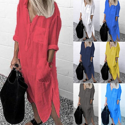 Women Casual Work Solid Color Side-slit Long Sleeves Lapel Shirt Dress