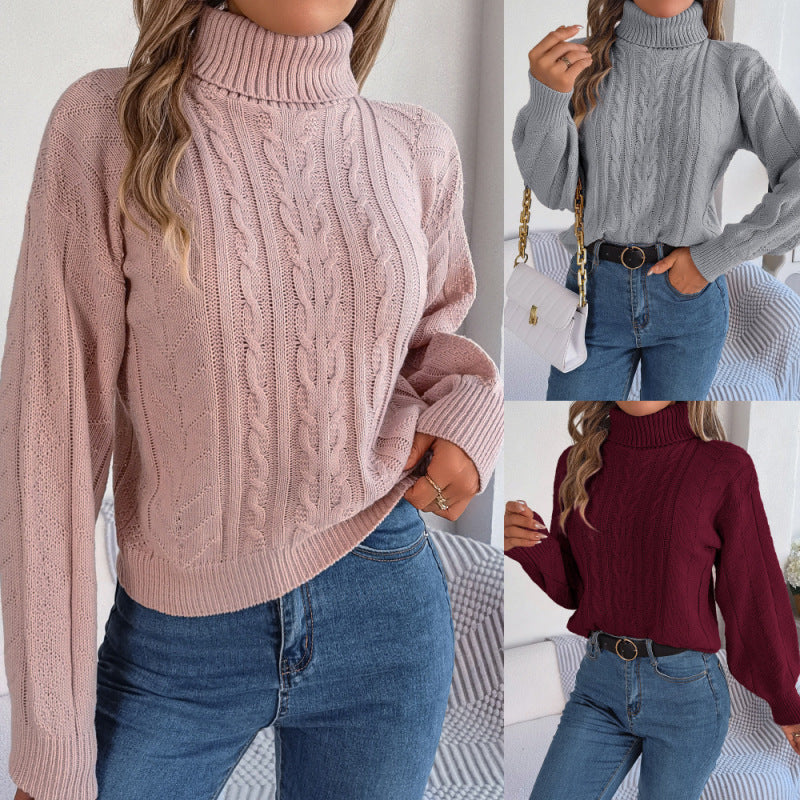 Autumn Winter Women Fashion Casual High Collar Twist Long Sleeve Knitted Sweater