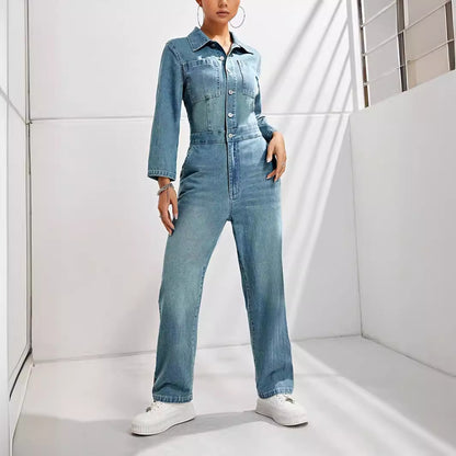 Women Fashion Casual Lapel Long Sleeve Slim Fit Denim Jumpsuits