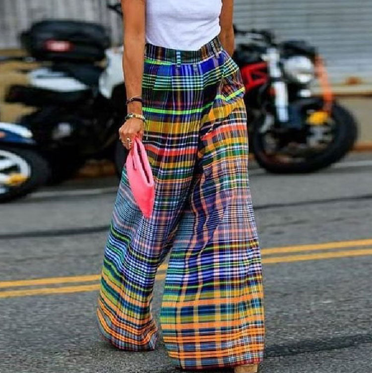 Summer Fashion Colored Grid Prined Loose Casual Women Straight Pants