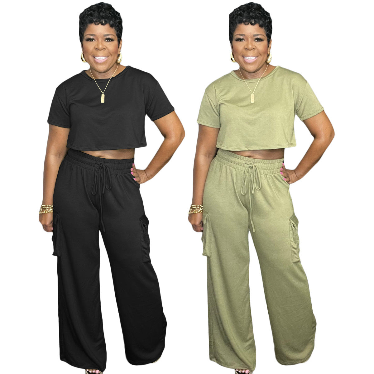 Women Casual Solid Color Round Neck Short-Sleeved Crop Top Drawstring Wide-Leg Pants Two-Piece Set