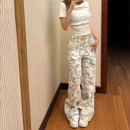 Women Retro Loose Camouflage Print Zip Casual Pants