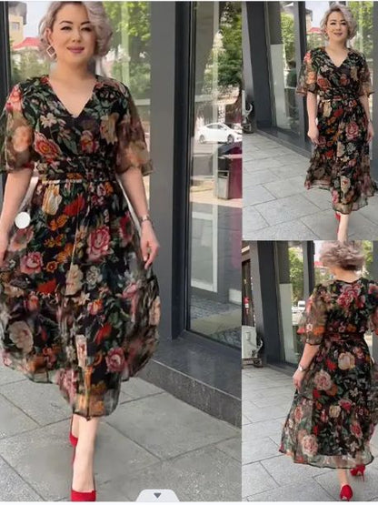 Vestido informal de manga corta con cuello en V y estampado floral para mujer, talla grande