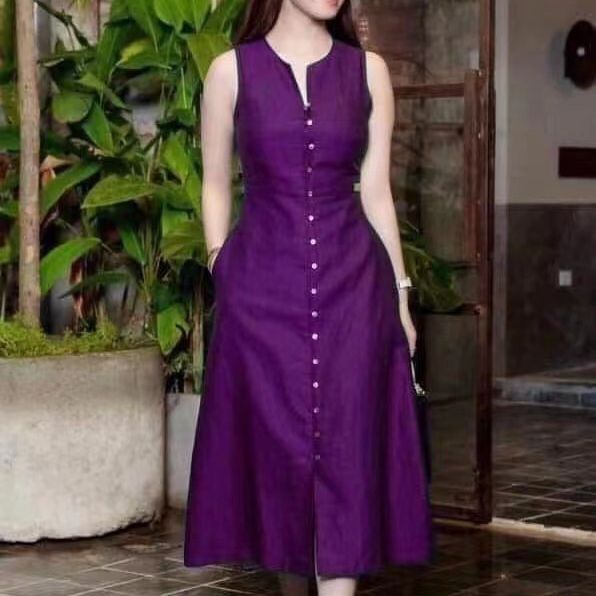 Summer Women Casual Solid Color Round Neck Sleeveless Dress