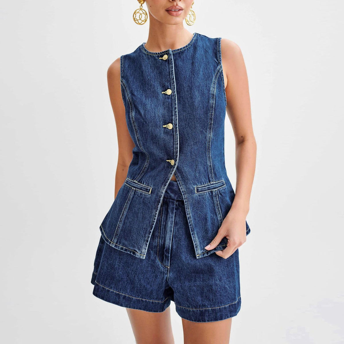 Conjunto de dos piezas de chaleco sin mangas informal y pantalones cortos vaqueros para mujer