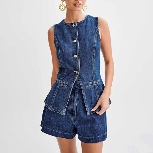 Women Fashion Casual Sleeveless Vest And Denim Shorts Two-Piece Set