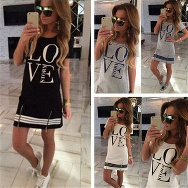 Women Casual Letter Print Fashion Round Neck Short Sleeves Zipper Loose Dress